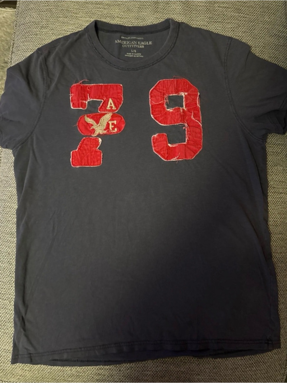 American Eagle Outfitters Navy Short Sleeve Tee with Red 79 AppliquΓ©